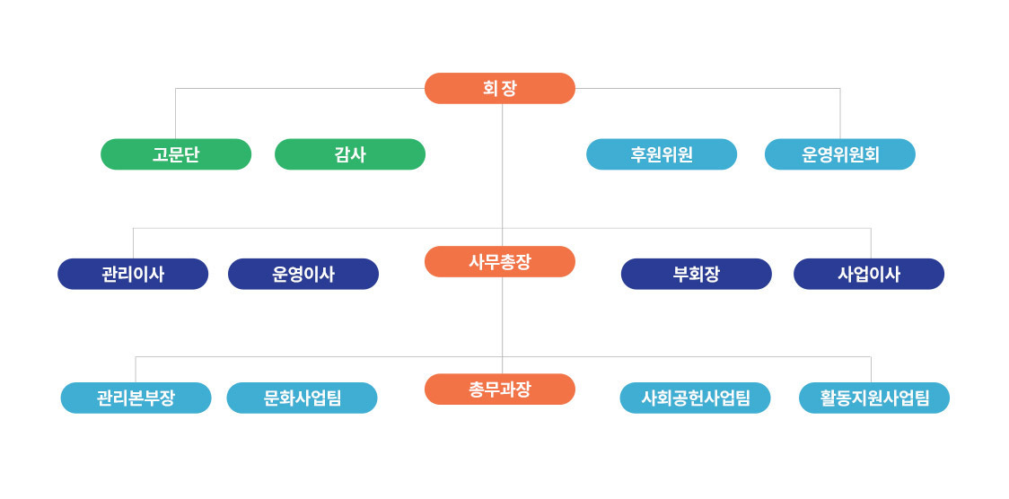 사단법인 광진구장애인단체총연합회 조직도를 설명하는 이미지로 총회-상임대표-우측으로 감사 좌측으로 이사회-공동대표-사무총장 순이다.